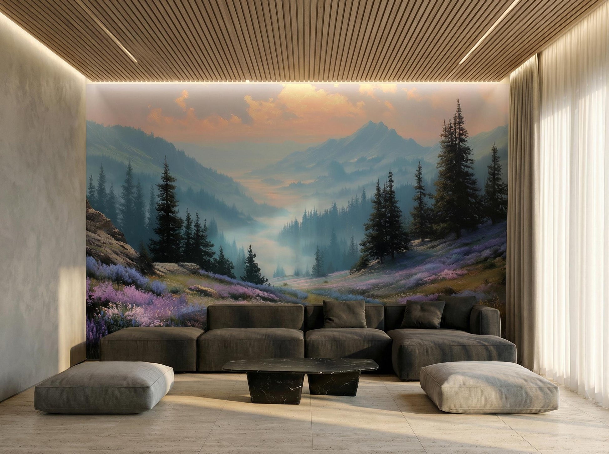 Misty Mountain Foggy Forest Wallpaper – scale reference, Golden Era Walls