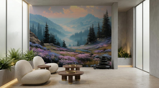 Misty Mountain Foggy Forest Wallpaper – lifestyle view, Golden Era Walls