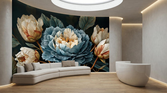 Dark Floral Moody Blue Floral Wallpaper – room setting, Golden Era Walls