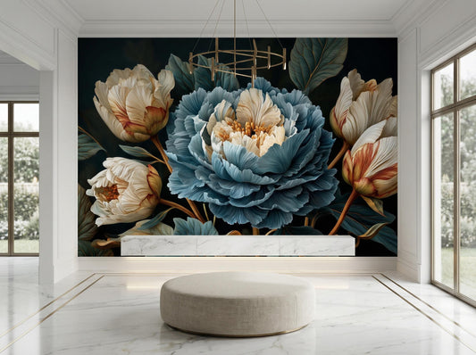 Dark Floral Moody Blue Floral Wallpaper – detail view, Golden Era Walls