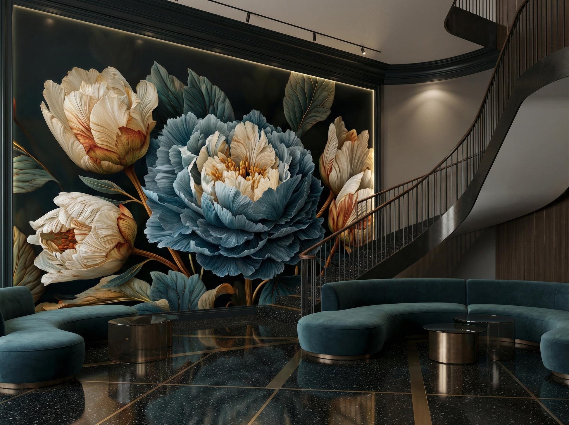 Dark Floral Moody Blue Floral Wallpaper – lifestyle view, Golden Era Walls