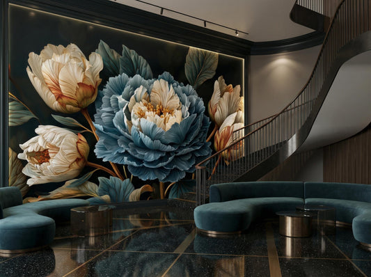 Dark Floral Moody Blue Floral Wallpaper – lifestyle view, Golden Era Walls
