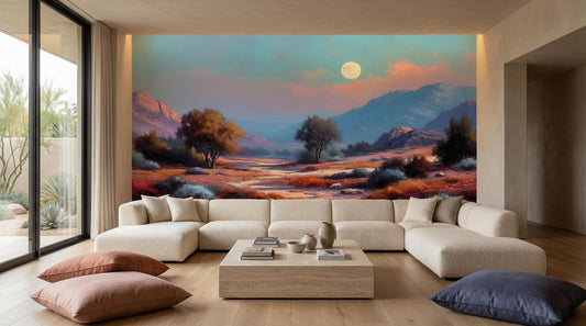 Southwestern Desert Moonlit Mountain Wallpaper – lifestyle view, Golden Era Walls
