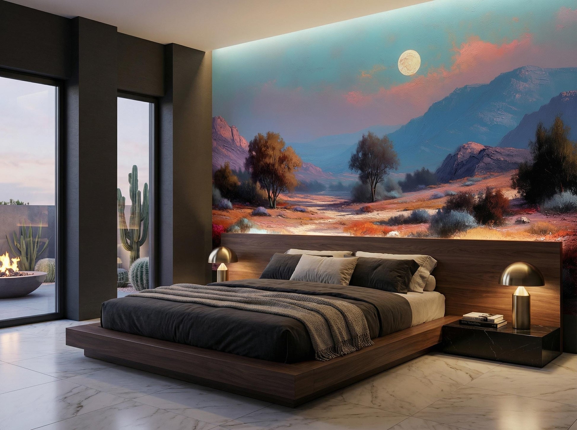 Southwestern Desert Moonlit Mountain Wallpaper – room setting, Golden Era Walls