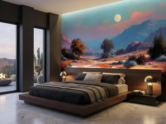 Southwestern Desert Moonlit Mountain Wallpaper – room setting, Golden Era Walls