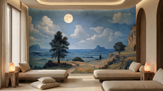 Moody Night Sky Starry Wallpaper – room setting, Golden Era Walls
