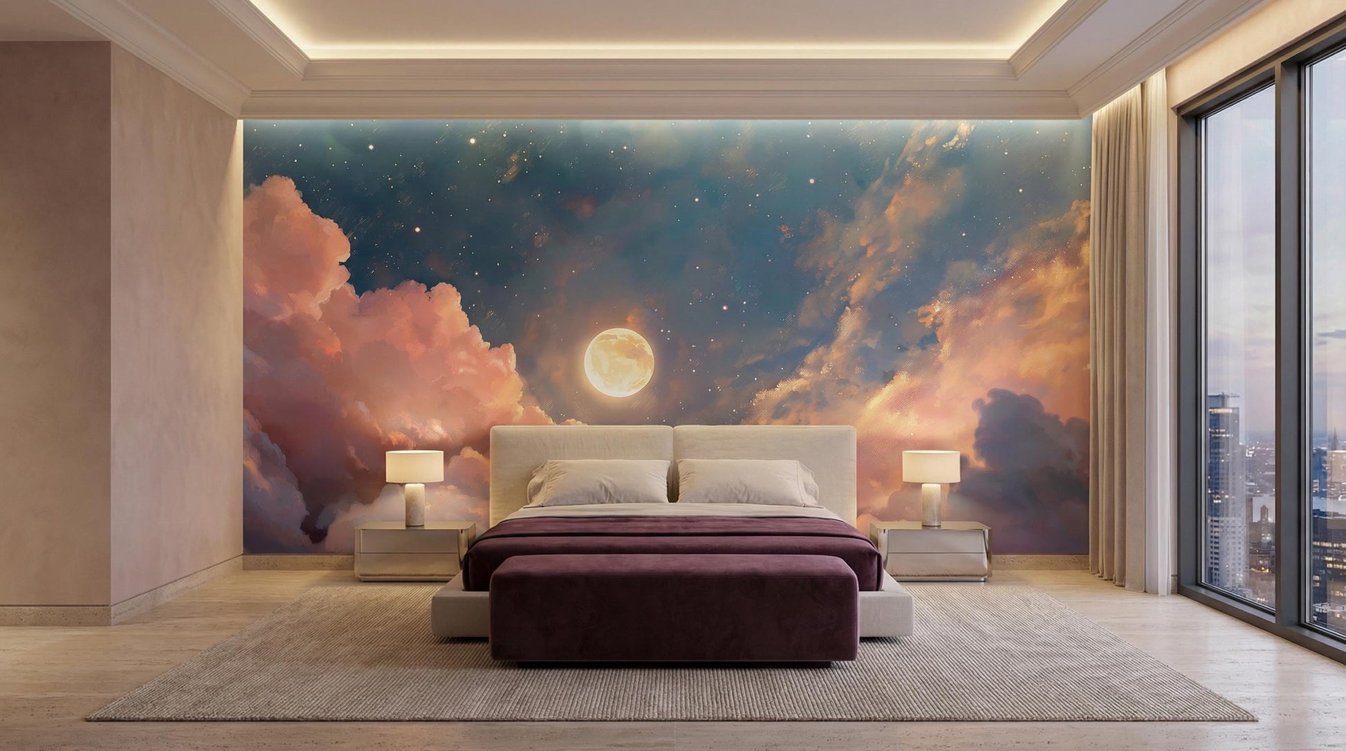 Moonlit Sky Dreamy Pink Wallpaper – scale reference, Golden Era Walls