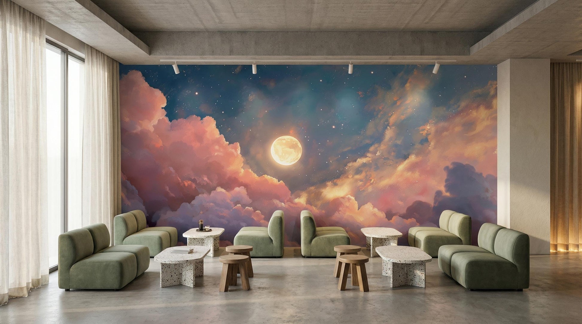 Moonlit Sky Dreamy Pink Wallpaper – peel and stick wallpaper mural, Golden Era Walls