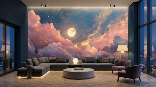 Moonlit Sky Dreamy Pink Wallpaper – room setting, Golden Era Walls