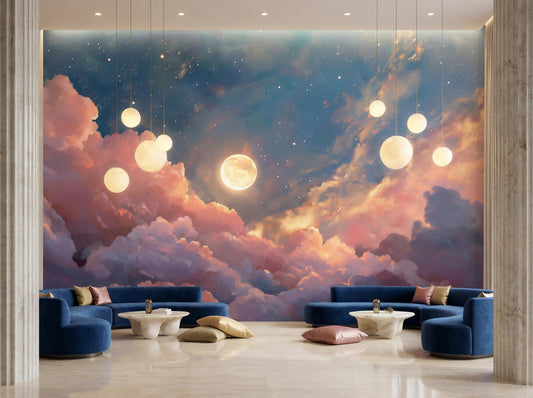 Moonlit Sky Dreamy Pink Wallpaper – detail view, Golden Era Walls