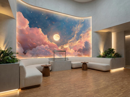 Moonlit Sky Dreamy Pink Wallpaper – lifestyle view, Golden Era Walls