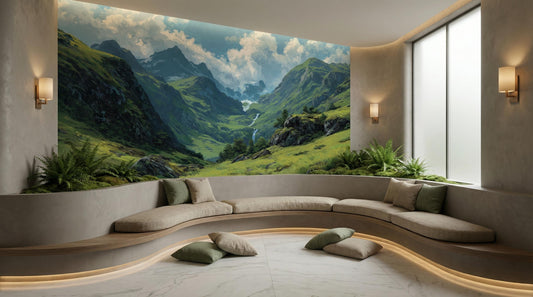 Mountain Valley Oil Painting Wallpaper – detail view, Golden Era Walls