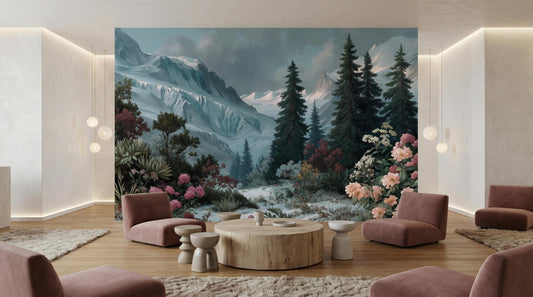Alpine Wildflower Snowy Mountain Floral Wallpaper – room setting, Golden Era Walls