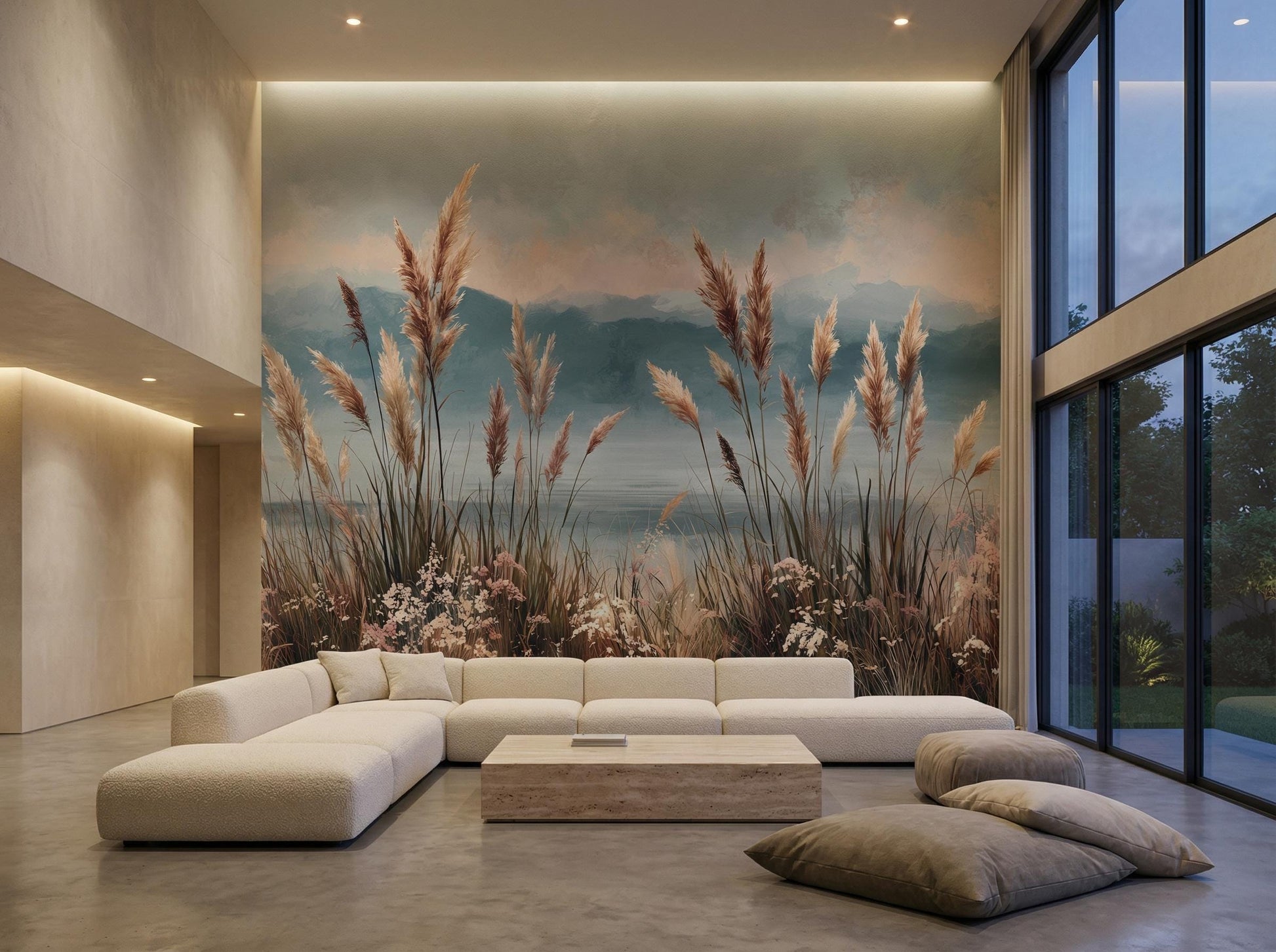 Boho Coastal Pampas Grass Floral Wallpaper – lifestyle view, Golden Era Walls