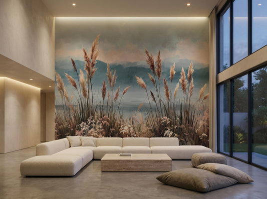 Boho Coastal Pampas Grass Floral Wallpaper – lifestyle view, Golden Era Walls
