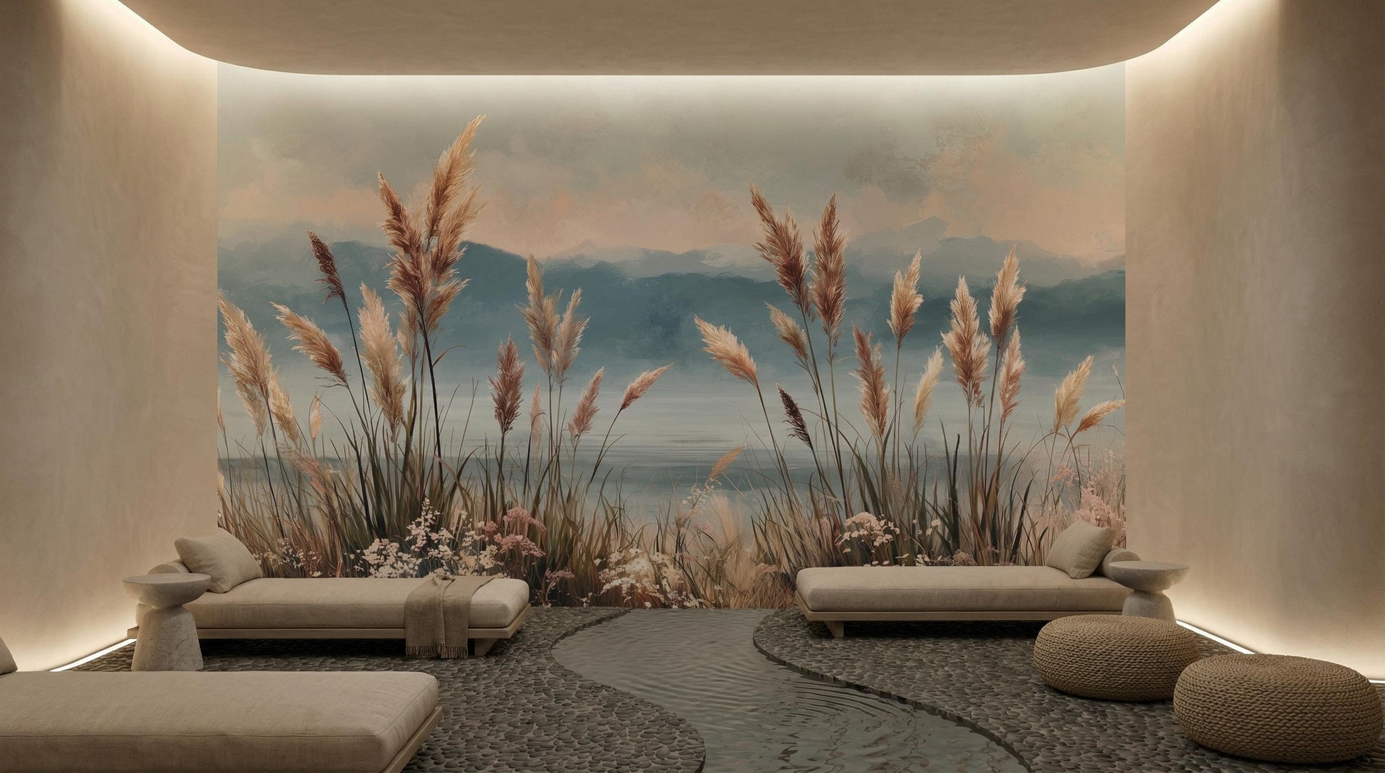Boho Coastal Pampas Grass Floral Wallpaper – alternate view, Golden Era Walls