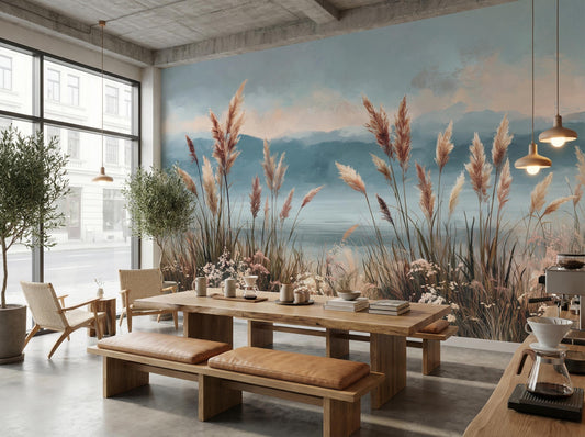 Boho Coastal Pampas Grass Floral Wallpaper – room setting, Golden Era Walls