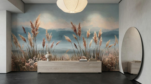 Boho Coastal Pampas Grass Floral Wallpaper – peel and stick wallpaper mural, Golden Era Walls