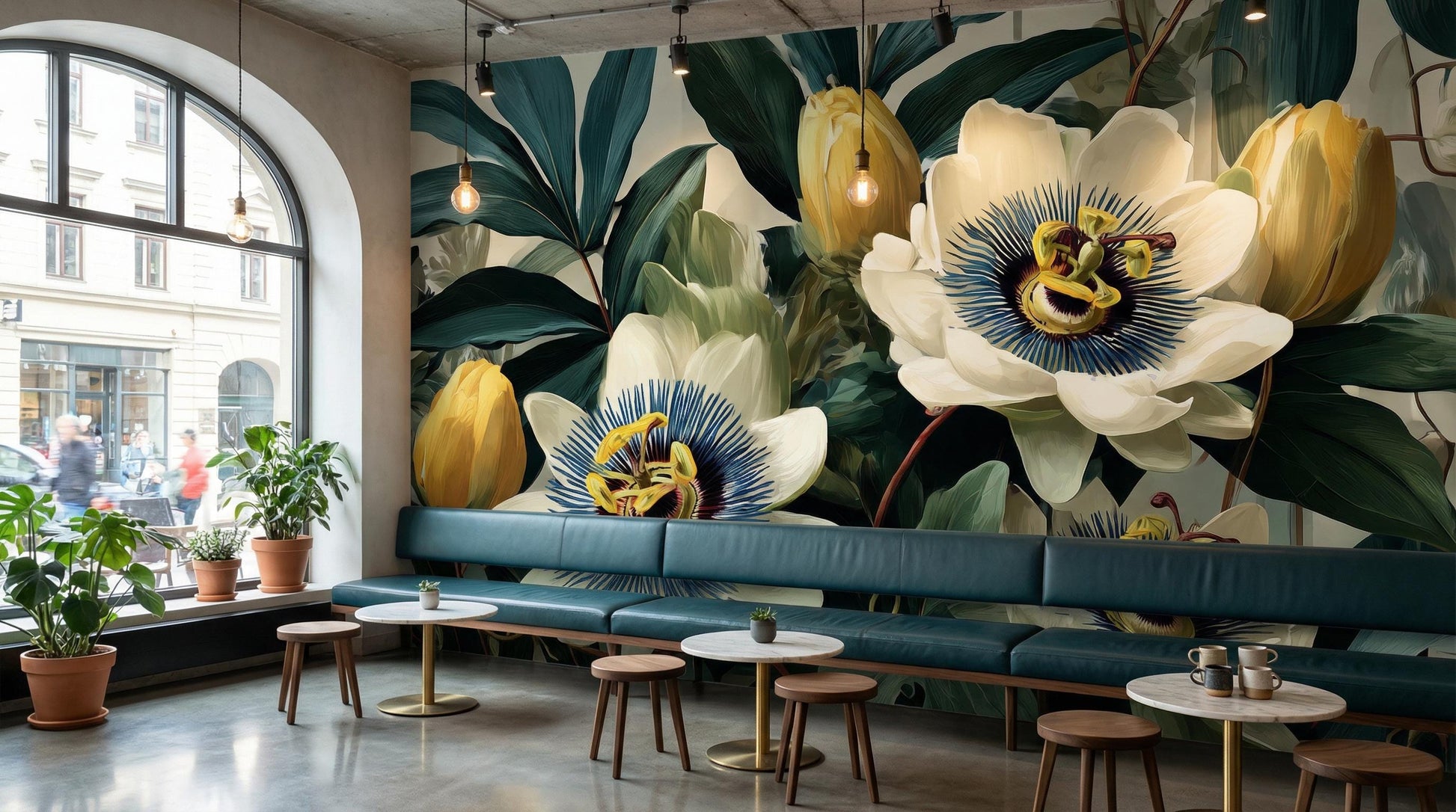 Vintage Botanical Dark Green Floral Wallpaper – room setting, Golden Era Walls