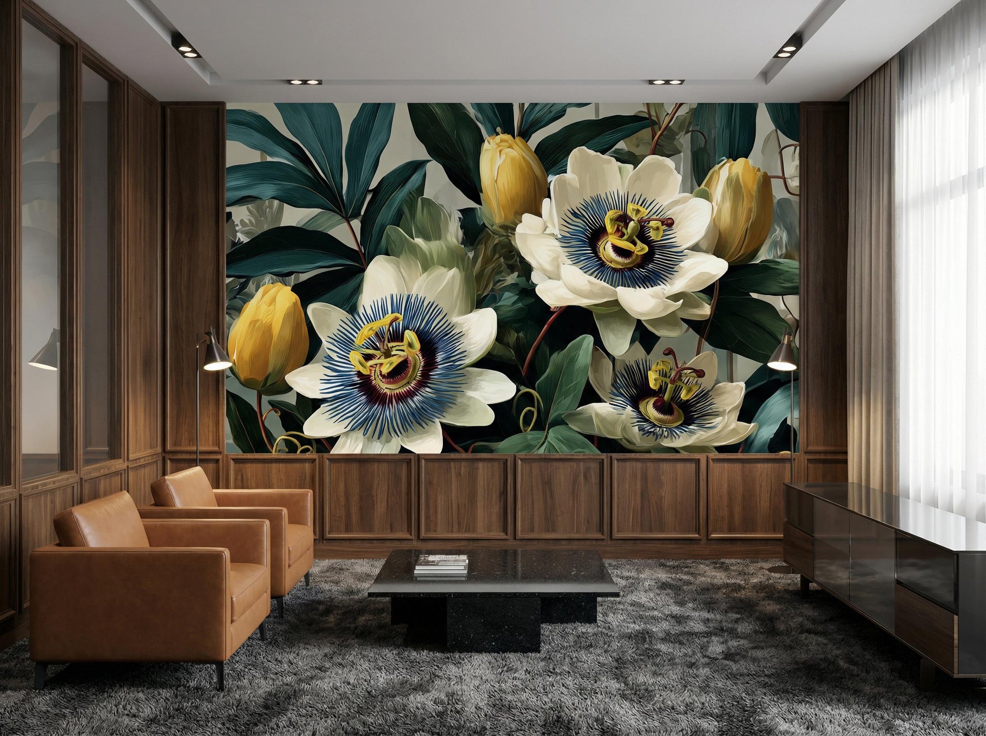 Vintage Botanical Dark Green Floral Wallpaper – detail view, Golden Era Walls