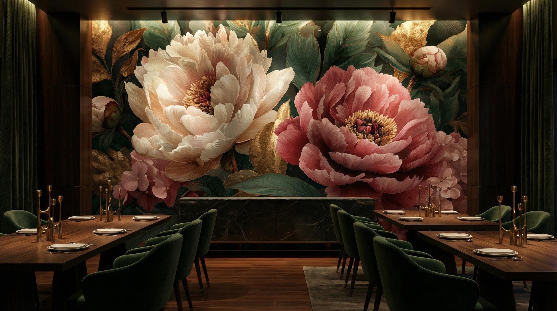 Luxury Floral Art Deep Floral Wallpaper – scale reference, Golden Era Walls