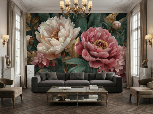Luxury Floral Art Deep Floral Wallpaper – room setting, Golden Era Walls
