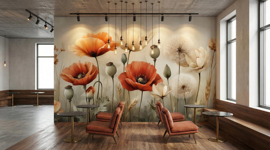 Vintage Poppy Field Rustic Floral Wallpaper – lifestyle view, Golden Era Walls