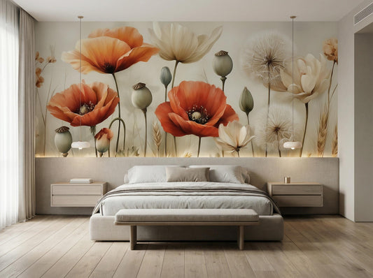 Vintage Poppy Field Rustic Floral Wallpaper – room setting, Golden Era Walls