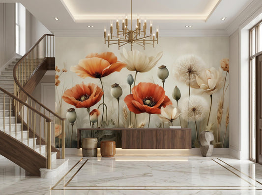 Vintage Poppy Field Rustic Floral Wallpaper – peel and stick wallpaper mural, Golden Era Walls