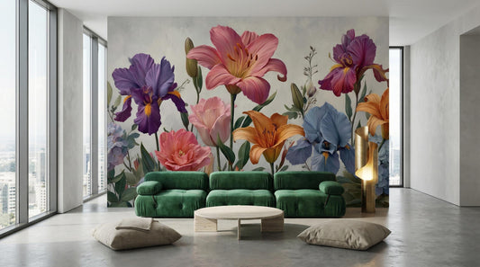 Colorful Wildflower Border Painted Floral Wallpaper – lifestyle view, Golden Era Walls