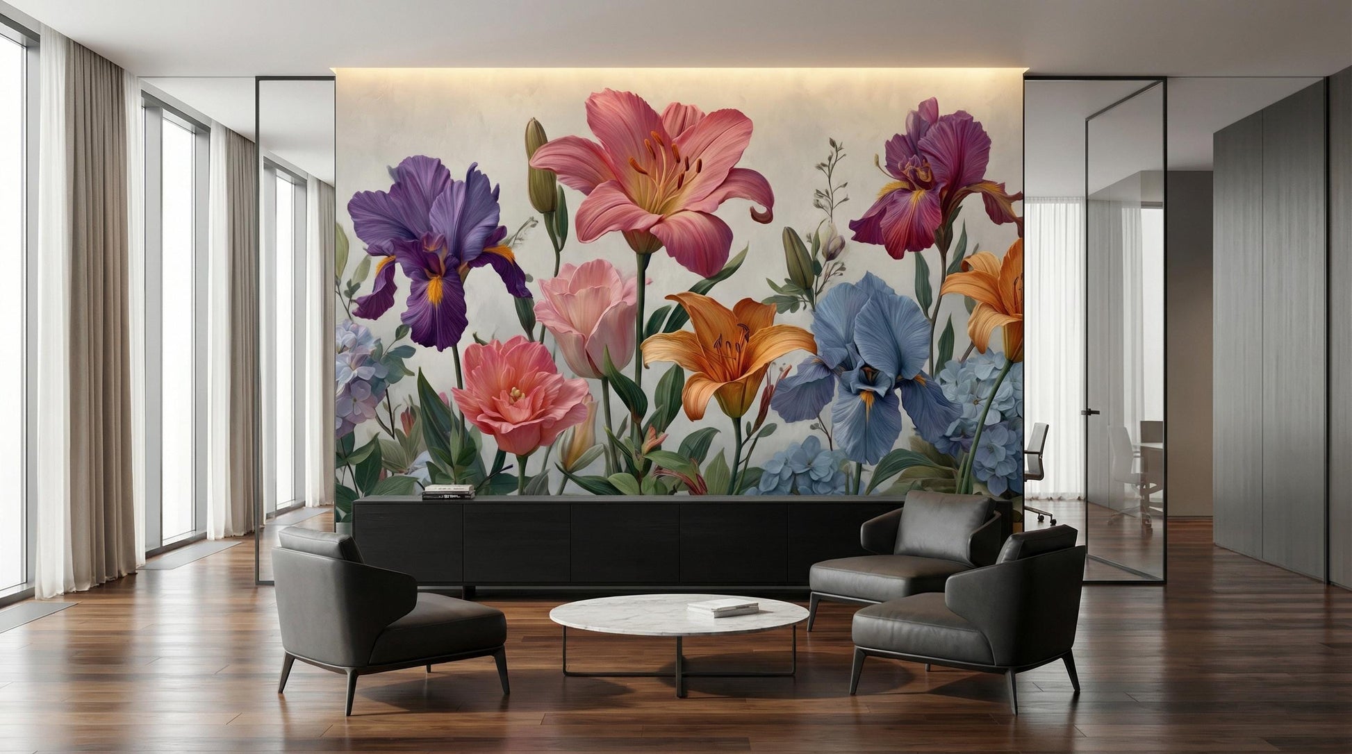 Colorful Wildflower Border Painted Floral Wallpaper – scale reference, Golden Era Walls