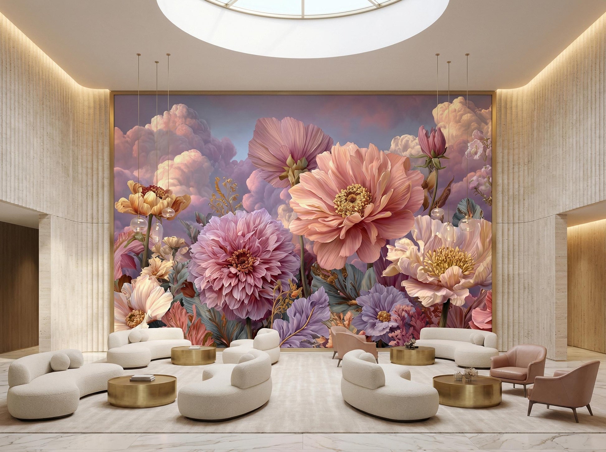 Romantic Pastel Botanical Dahlias Floral Wallpaper – room setting, Golden Era Walls