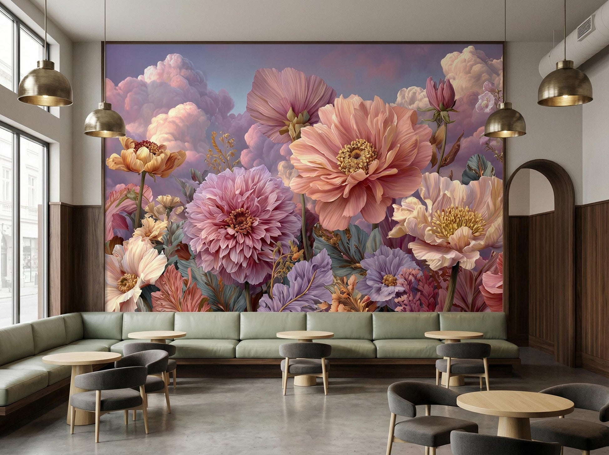 Romantic Pastel Botanical Dahlias Floral Wallpaper – detail view, Golden Era Walls