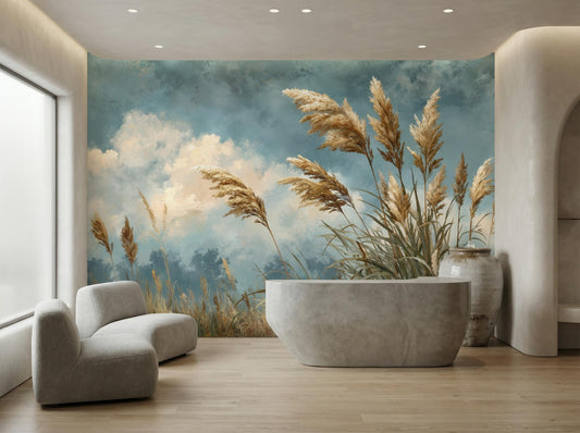 Pampas Grass Wild Meadow Wallpaper – lifestyle view, Golden Era Walls