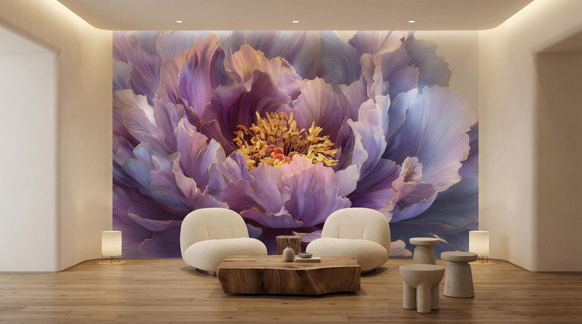 Dramatic Flower Violet Peony Floral Wallpaper – lifestyle view, Golden Era Walls