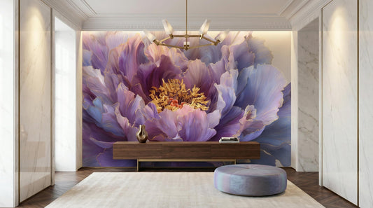 Dramatic Flower Violet Peony Floral Wallpaper – room setting, Golden Era Walls