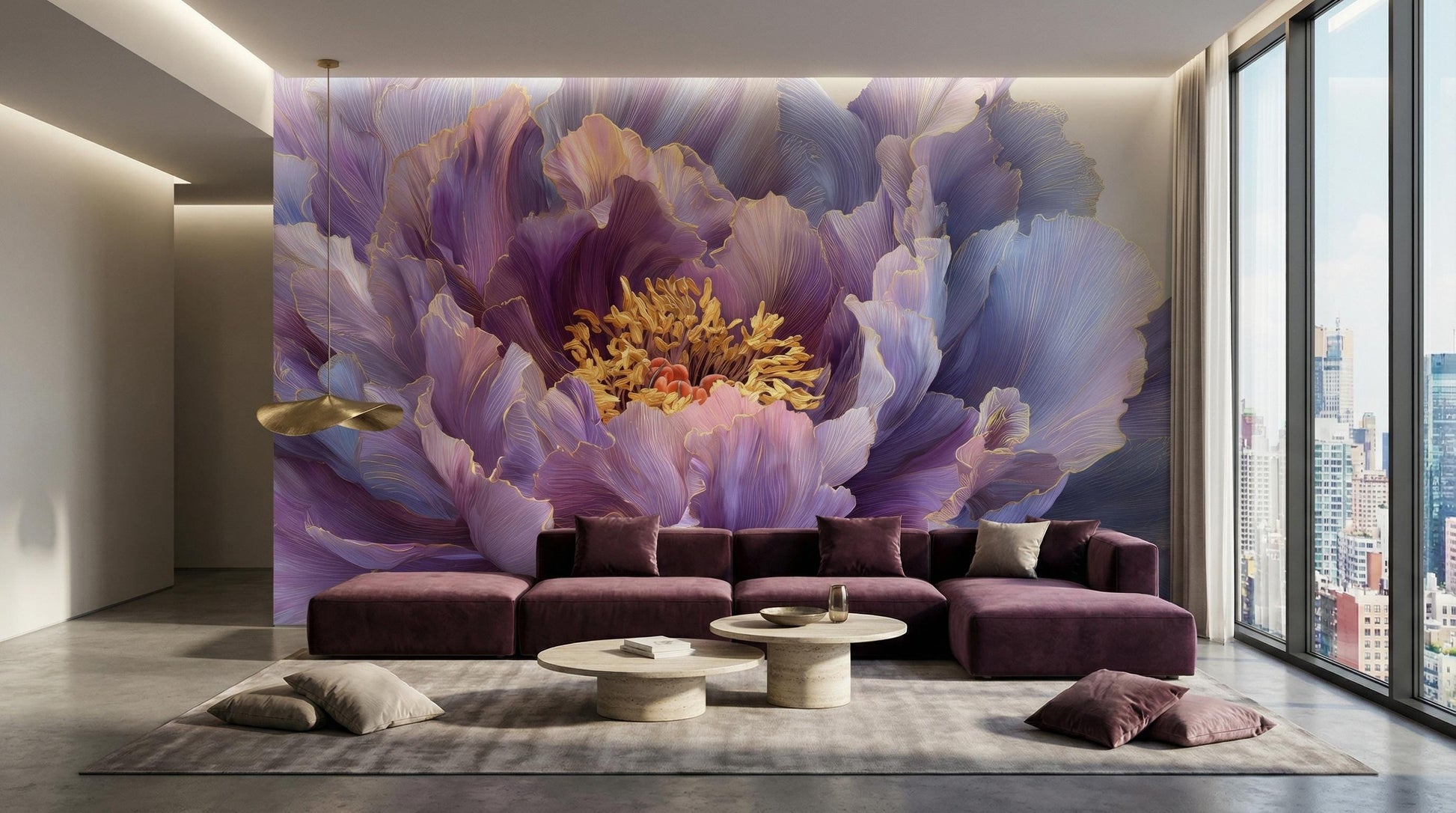 Dramatic Flower Violet Peony Floral Wallpaper – peel and stick wallpaper mural, Golden Era Walls