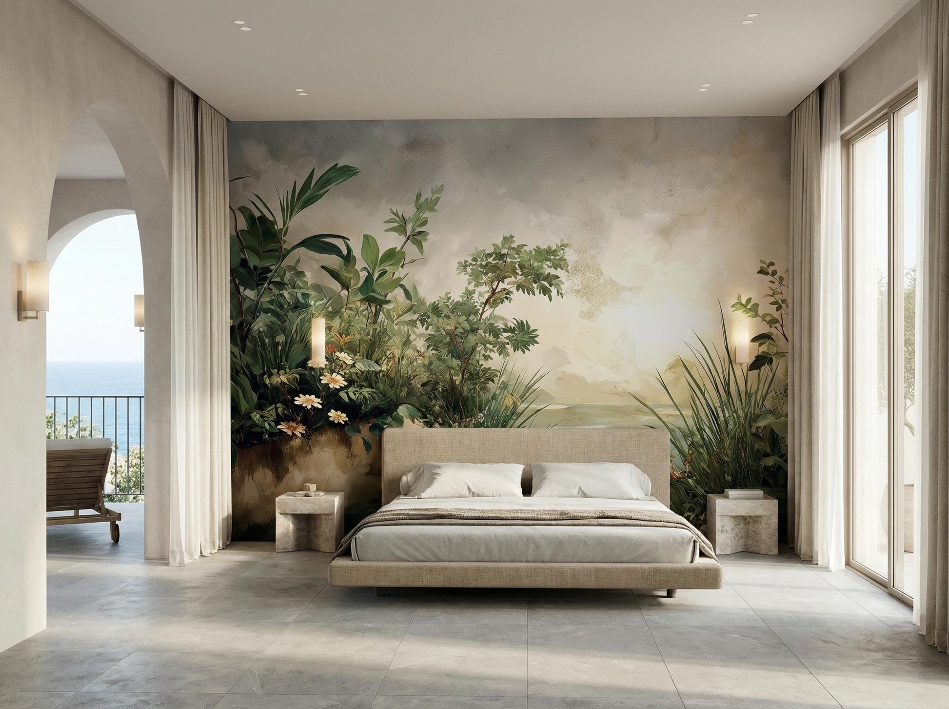 Vintage Landscape Sage Green Floral Wallpaper – detail view, Golden Era Walls