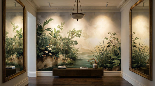 Vintage Landscape Sage Green Floral Wallpaper – room setting, Golden Era Walls