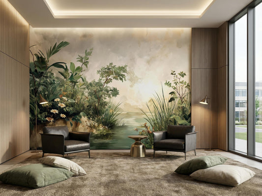 Vintage Landscape Sage Green Floral Wallpaper – peel and stick wallpaper mural, Golden Era Walls