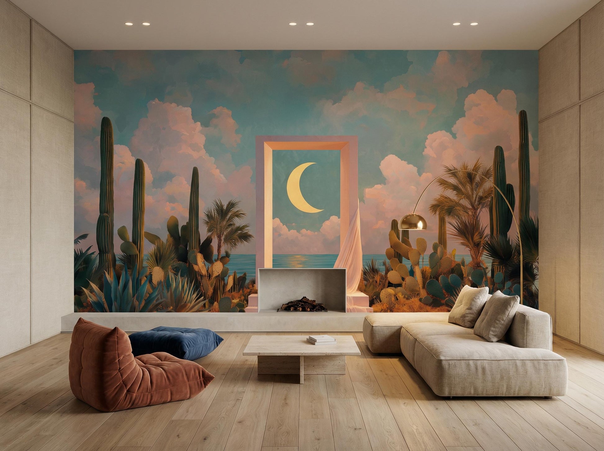 Modern Boho Coastal Pastel Geometric Wallpaper – room setting, Golden Era Walls