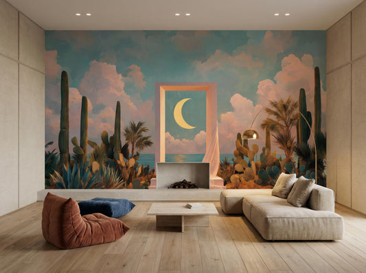 Modern Boho Coastal Pastel Geometric Wallpaper – room setting, Golden Era Walls