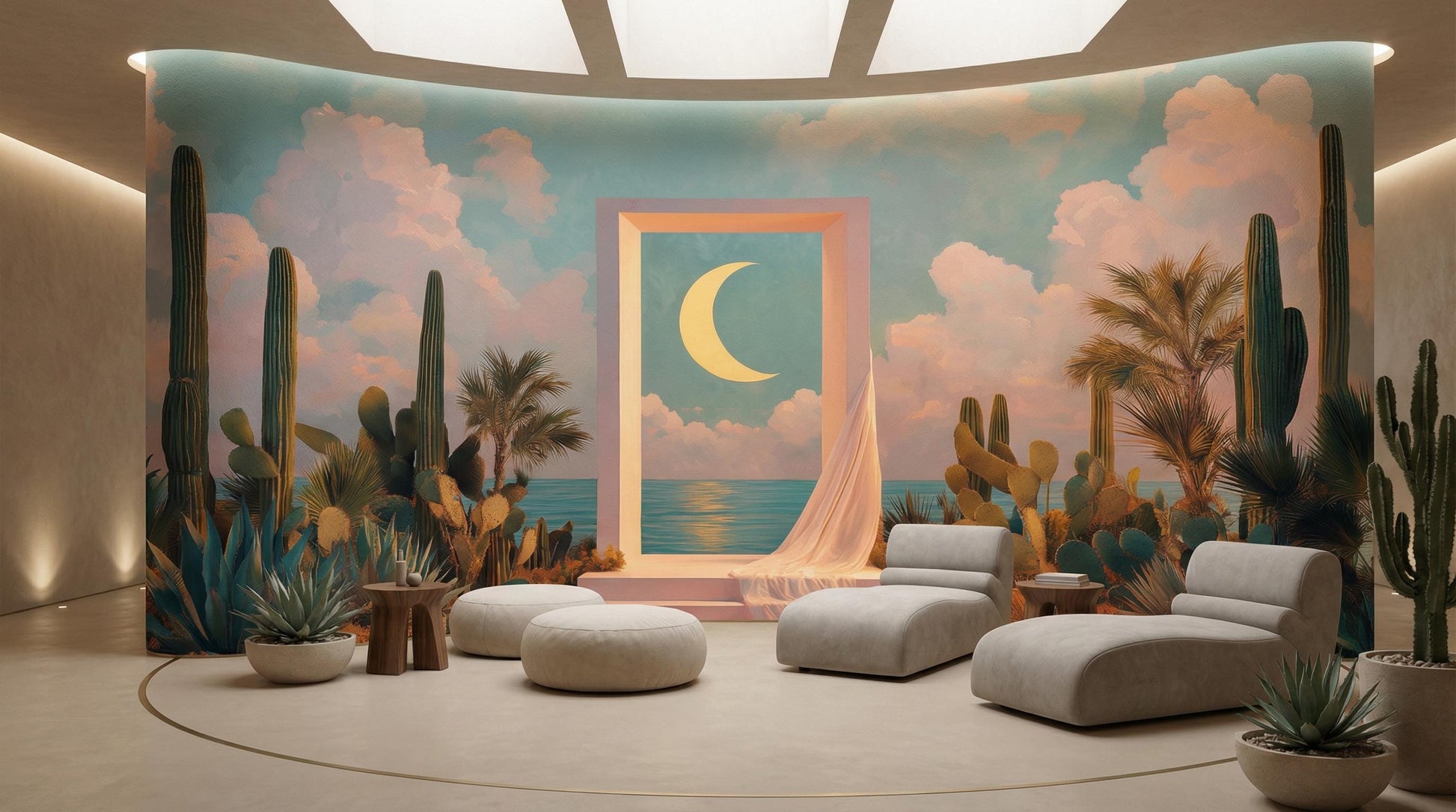 Modern Boho Coastal Pastel Geometric Wallpaper – lifestyle view, Golden Era Walls