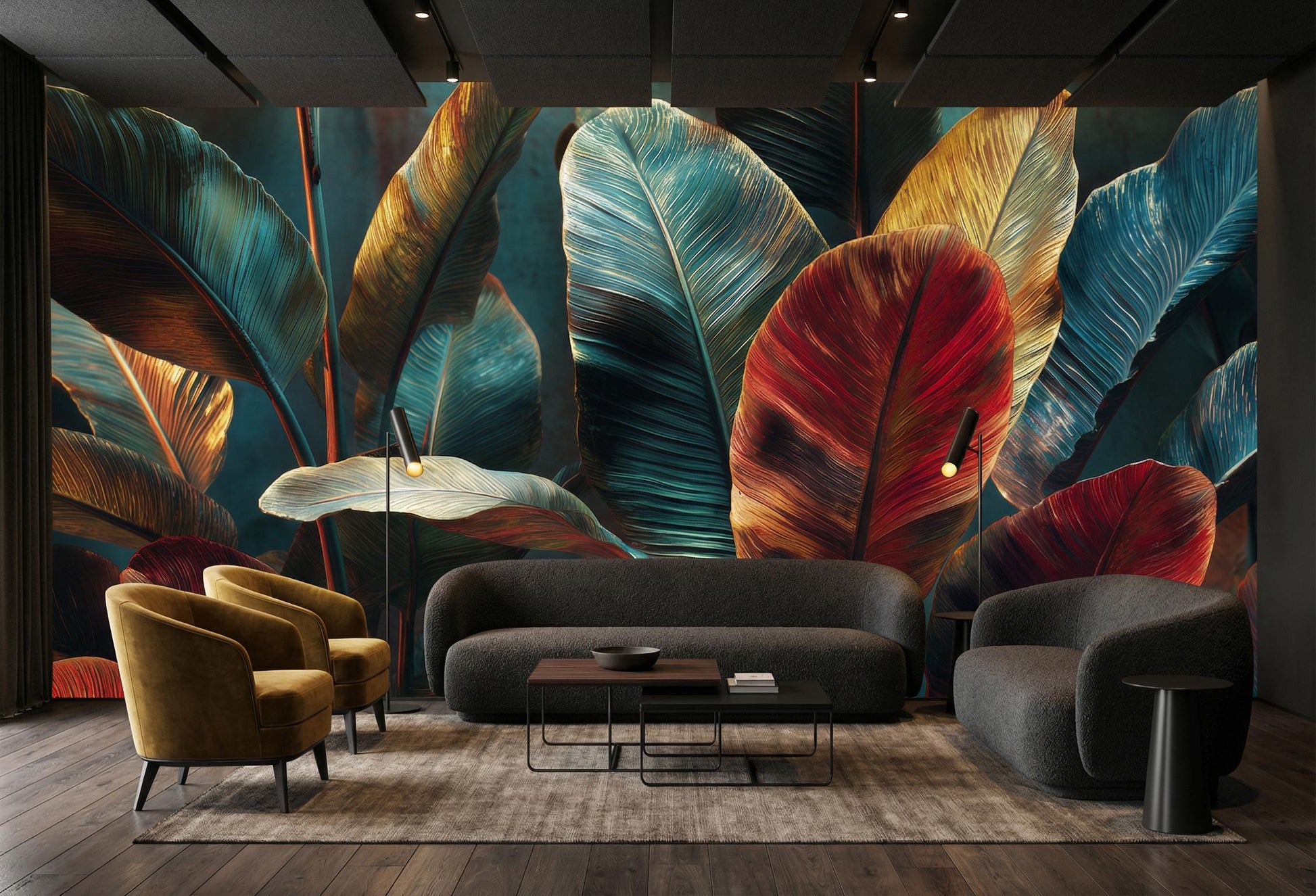 Bold Red Teal Banana Floral Wallpaper – room setting, Golden Era Walls
