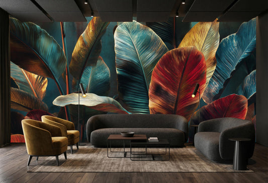 Bold Red Teal Banana Floral Wallpaper – room setting, Golden Era Walls