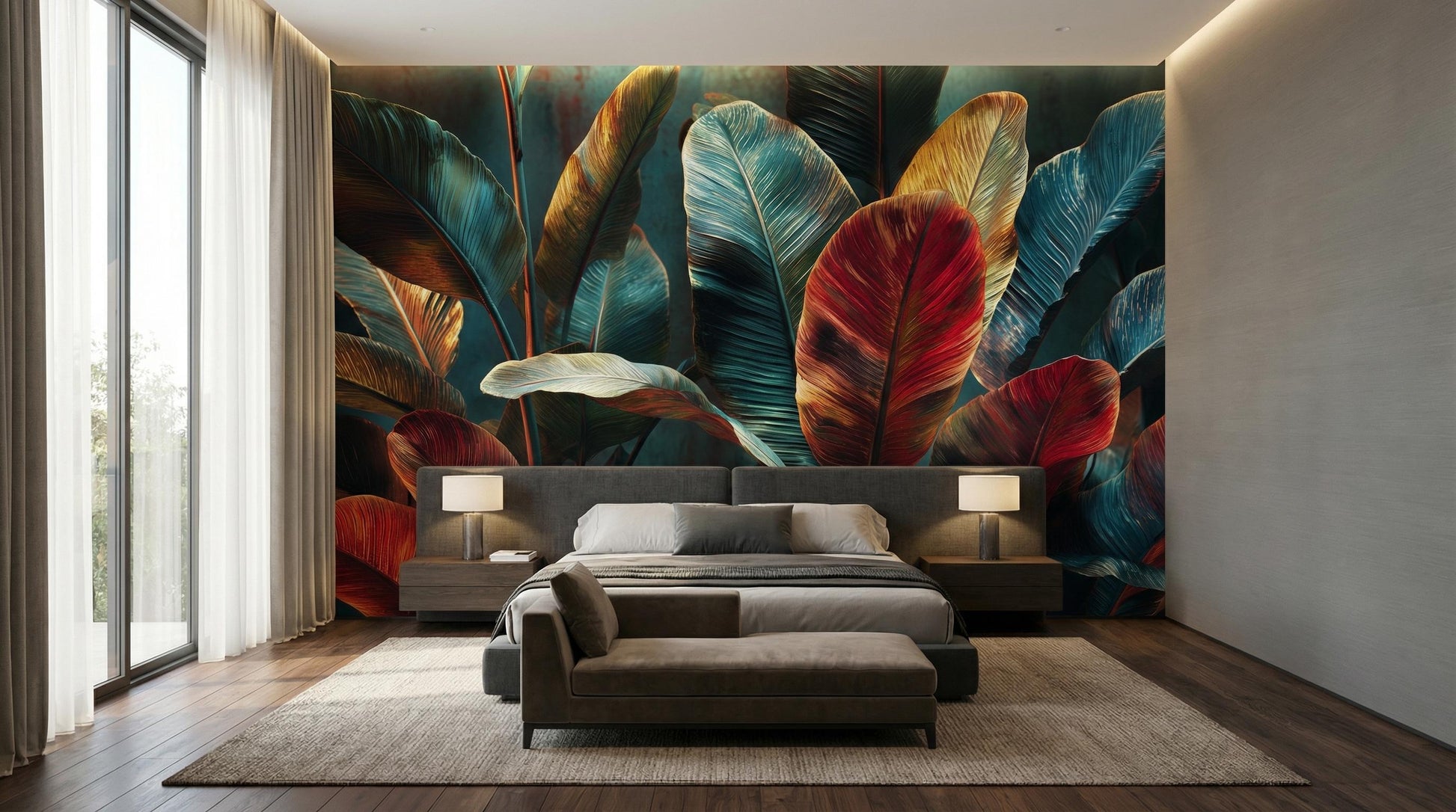 Bold Red Teal Banana Floral Wallpaper – peel and stick wallpaper mural, Golden Era Walls