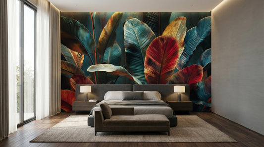Bold Red Teal Banana Floral Wallpaper – peel and stick wallpaper mural, Golden Era Walls