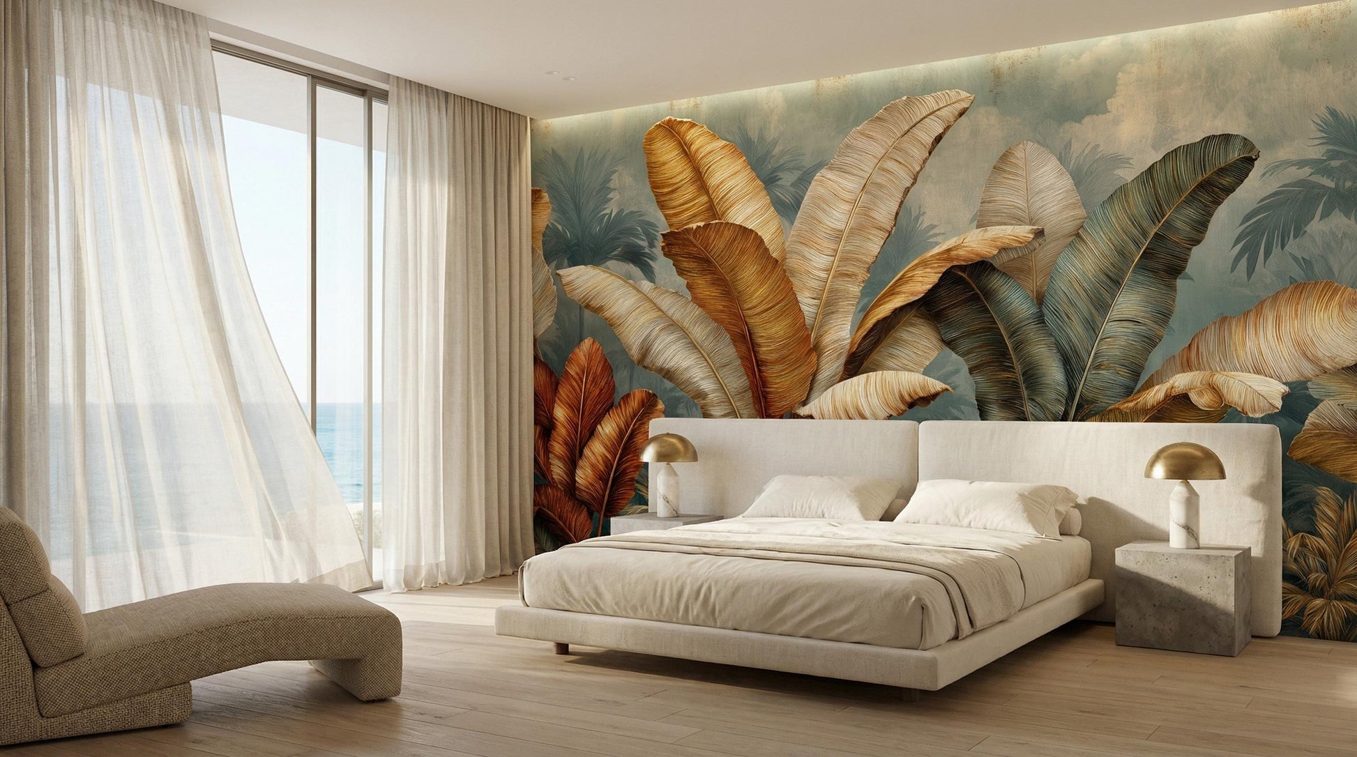 Tropical Banana Leaf Oversized Floral Wallpaper – room setting, Golden Era Walls