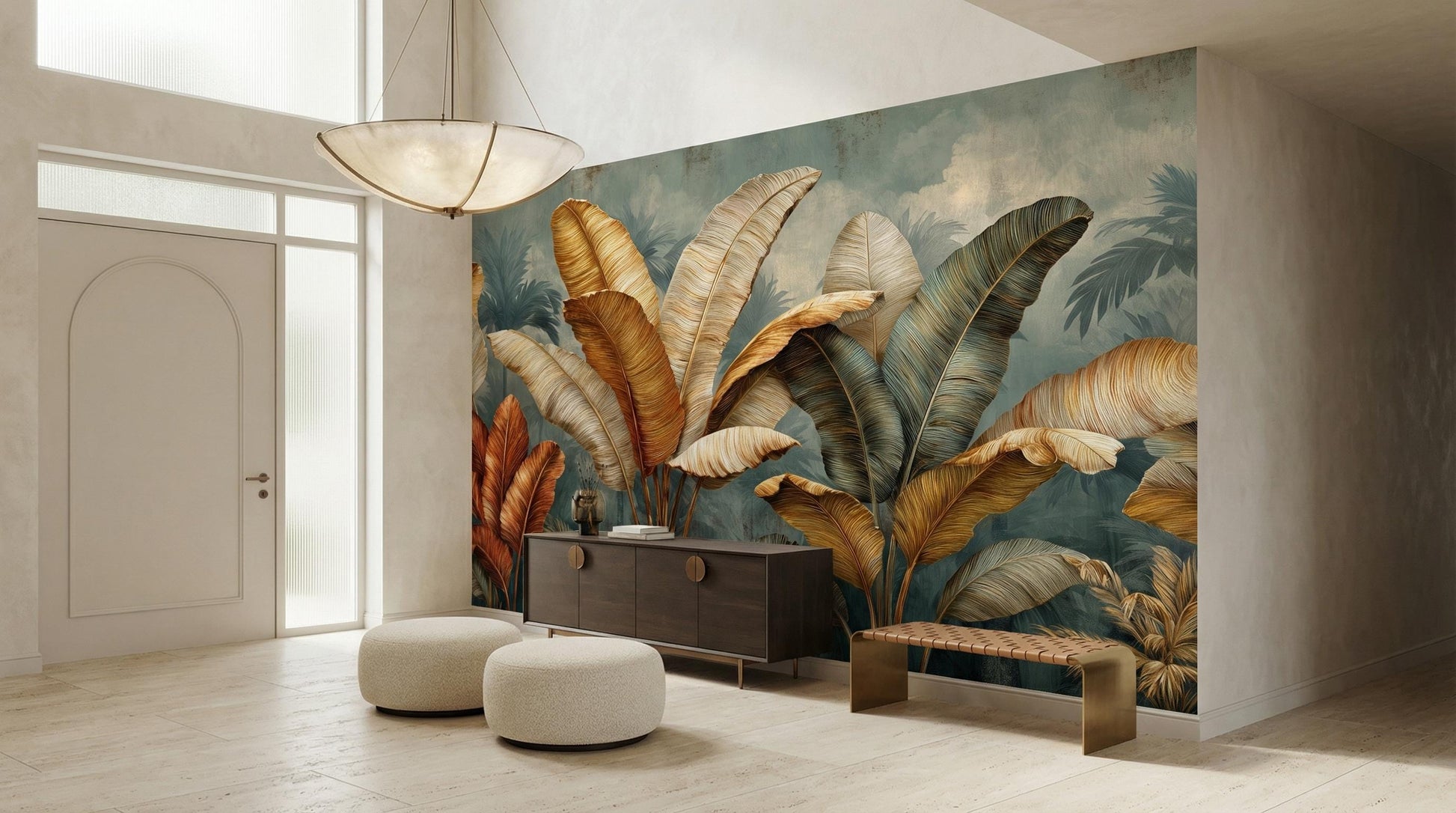Tropical Banana Leaf Oversized Floral Wallpaper – peel and stick wallpaper mural, Golden Era Walls