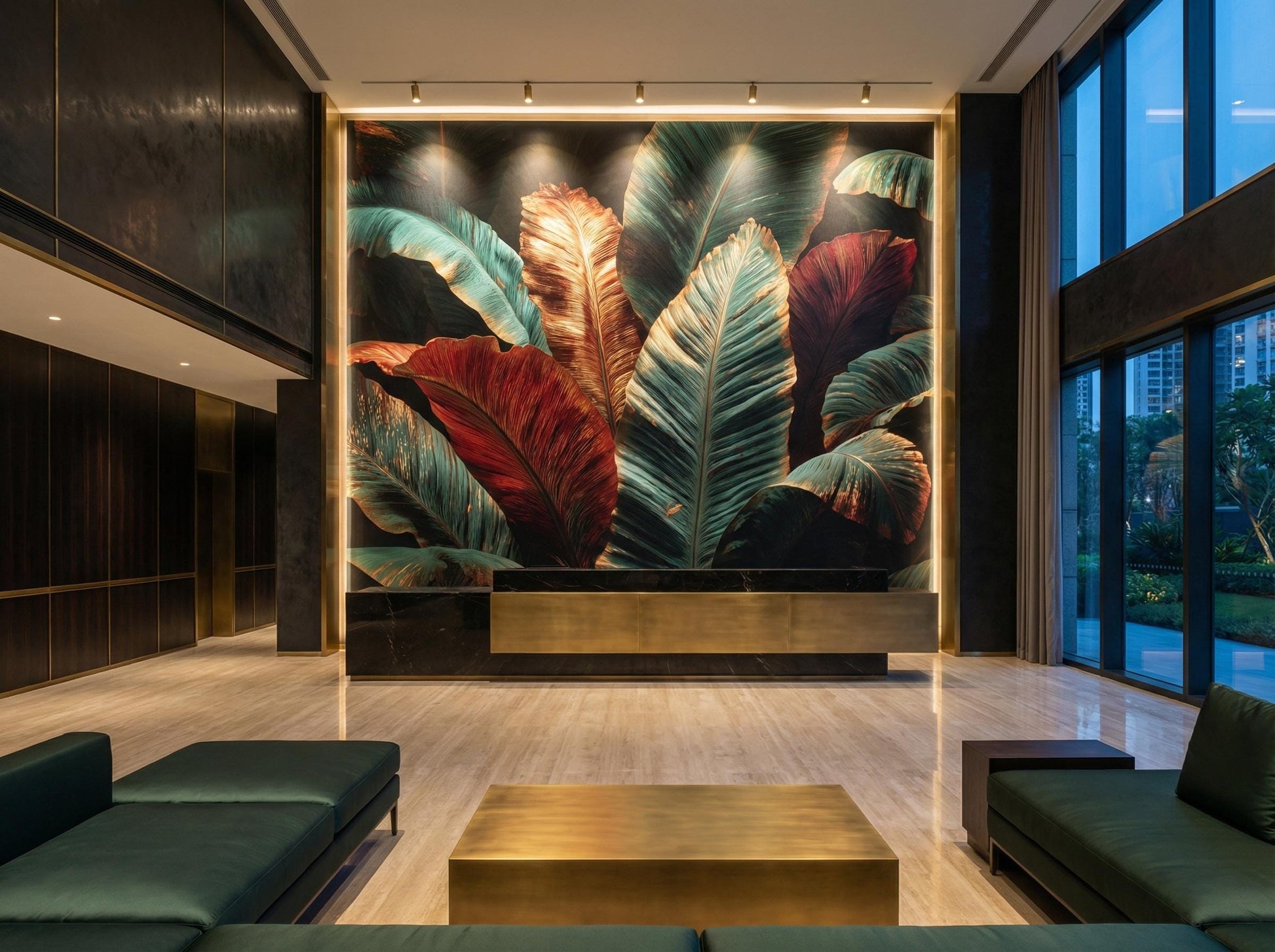 Dark Tropical Metallic Copper Floral Wallpaper – lifestyle view, Golden Era Walls